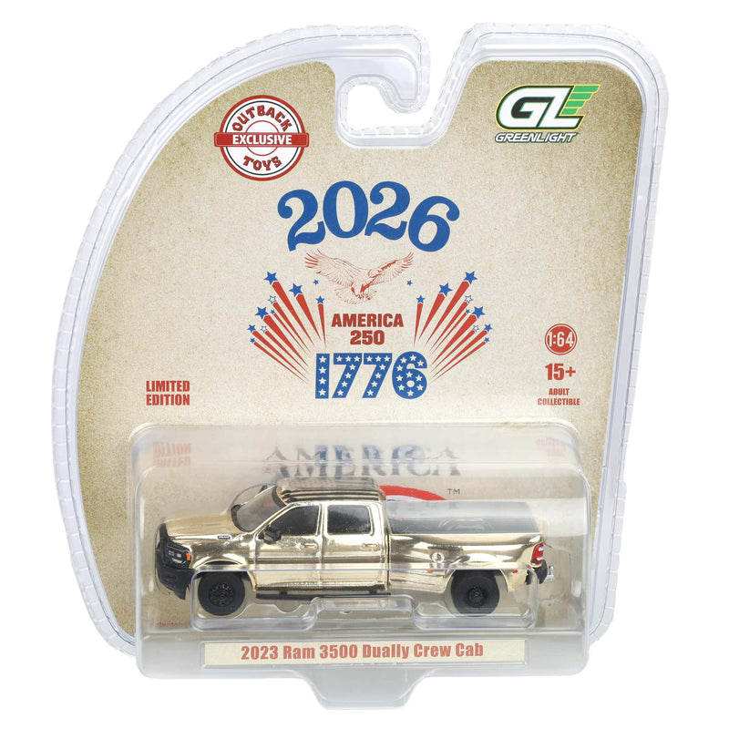 Gold Chrome Chase Unit ~ 1/64 2023 RAM 3500 Dually Pickup Truck, USA 250 Tribute, Outback Toys Exclusive Limited to 37 Units, America 250