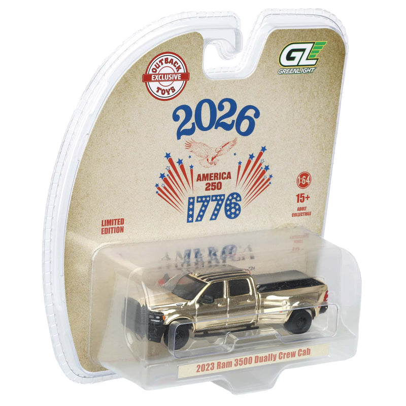 Gold Chrome Chase Unit ~ 1/64 2023 RAM 3500 Dually Pickup Truck, USA 250 Tribute, Outback Toys Exclusive Limited to 37 Units, America 250