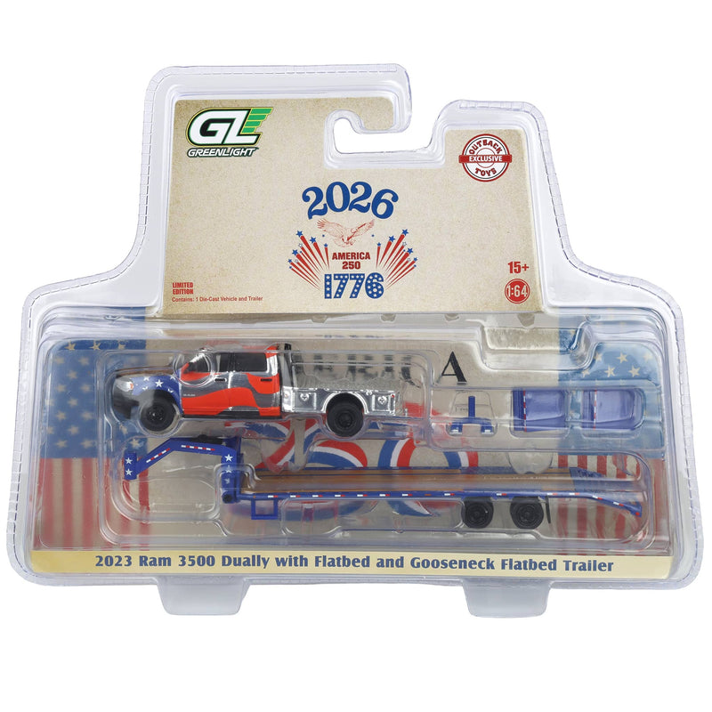 Silver Chrome Chase Unit ~ 1/64 2023 RAM 3500 Dually Flatbed Pickup Truck with Gooseneck Flatbed Trailer, USA 250 Tribute, Outback Toys Exclusive Limited to 37 Units, America 250