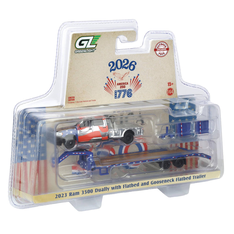 Silver Chrome Chase Unit ~ 1/64 2023 RAM 3500 Dually Flatbed Pickup Truck with Gooseneck Flatbed Trailer, USA 250 Tribute, Outback Toys Exclusive Limited to 37 Units, America 250