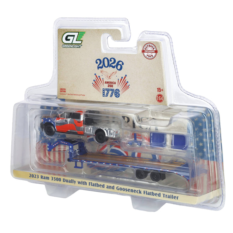 Silver Chrome Chase Unit ~ 1/64 2023 RAM 3500 Dually Flatbed Pickup Truck with Gooseneck Flatbed Trailer, USA 250 Tribute, Outback Toys Exclusive Limited to 37 Units, America 250