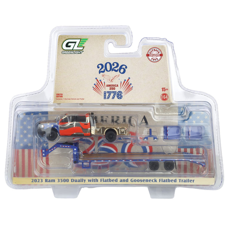 Gold Chrome Chase Unit ~ 1/64 2023 RAM 3500 Dually Flatbed Pickup Truck with Gooseneck Flatbed Trailer, USA 250 Tribute, Outback Toys Exclusive Limited to 37 Units, America 250