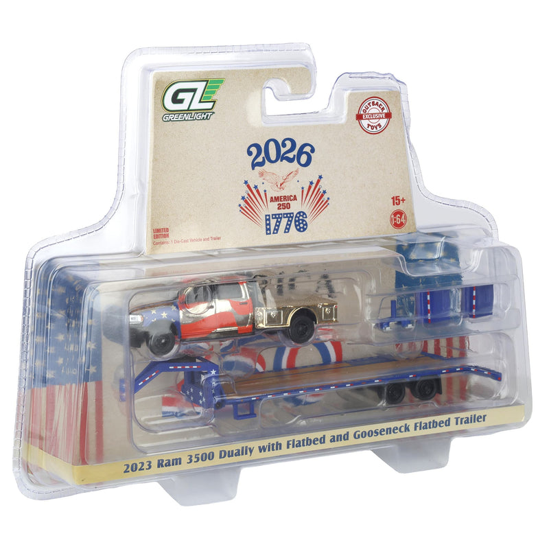 Gold Chrome Chase Unit ~ 1/64 2023 RAM 3500 Dually Flatbed Pickup Truck with Gooseneck Flatbed Trailer, USA 250 Tribute, Outback Toys Exclusive Limited to 37 Units, America 250