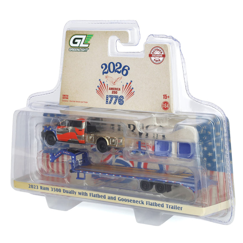 Gold Chrome Chase Unit ~ 1/64 2023 RAM 3500 Dually Flatbed Pickup Truck with Gooseneck Flatbed Trailer, USA 250 Tribute, Outback Toys Exclusive Limited to 37 Units, America 250