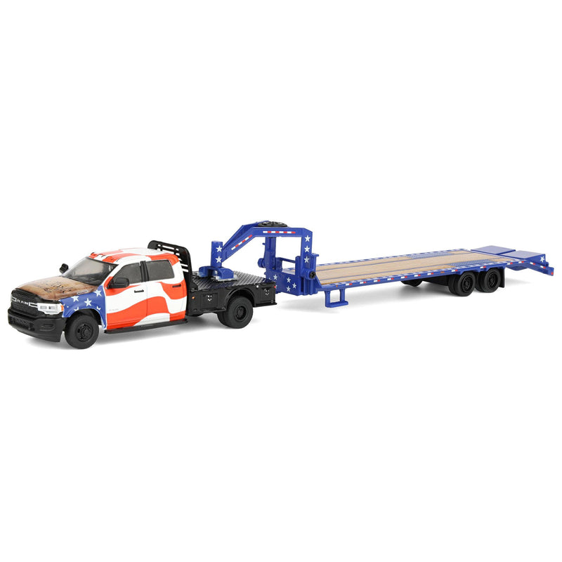 1/64 2023 RAM 3500 Dually Flatbed Pickup Truck with Gooseneck Flatbed Trailer, USA 250 Tribute, Outback Toys Exclusive Limited to 1776, America 250