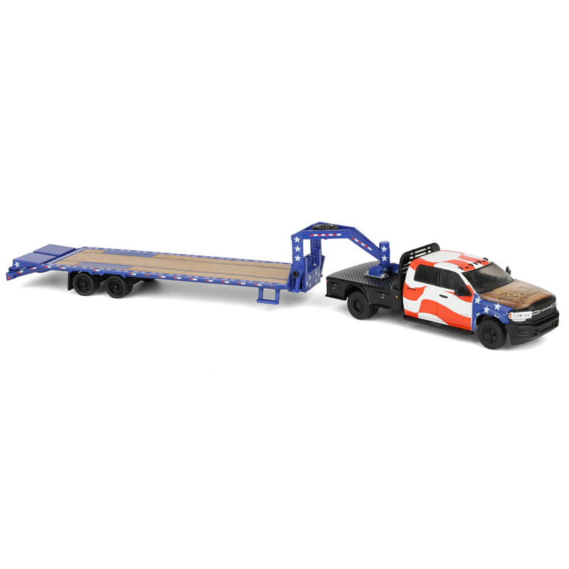 1/64 2023 RAM 3500 Dually Flatbed Pickup Truck with Gooseneck Flatbed Trailer, USA 250 Tribute, Outback Toys Exclusive Limited to 1776, America 250