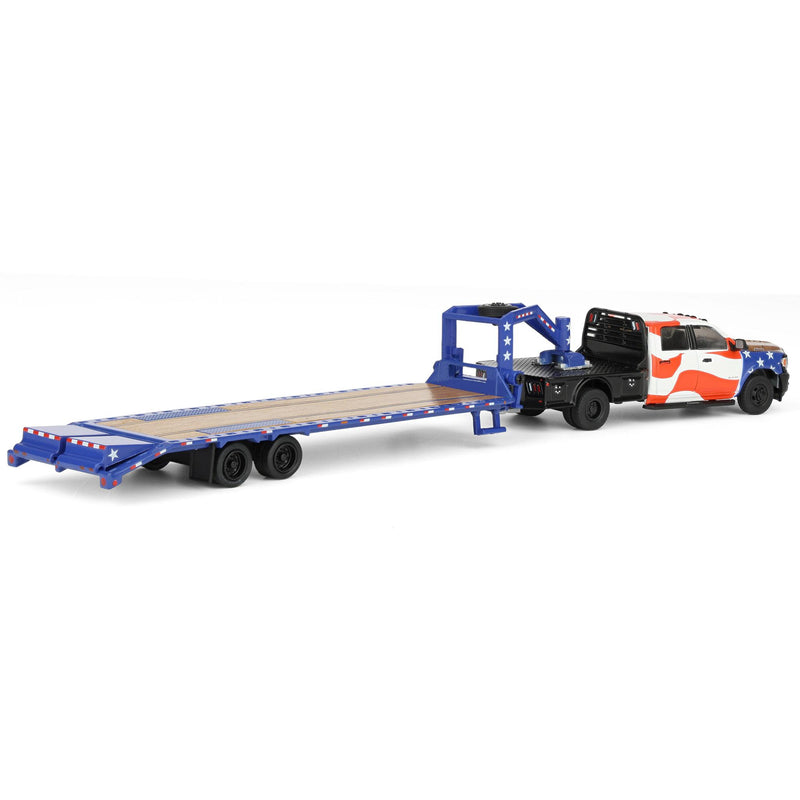1/64 2023 RAM 3500 Dually Flatbed Pickup Truck with Gooseneck Flatbed Trailer, USA 250 Tribute, Outback Toys Exclusive Limited to 1776, America 250