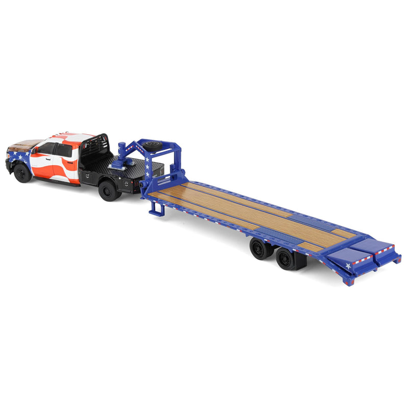 1/64 2023 RAM 3500 Dually Flatbed Pickup Truck with Gooseneck Flatbed Trailer, USA 250 Tribute, Outback Toys Exclusive Limited to 1776, America 250