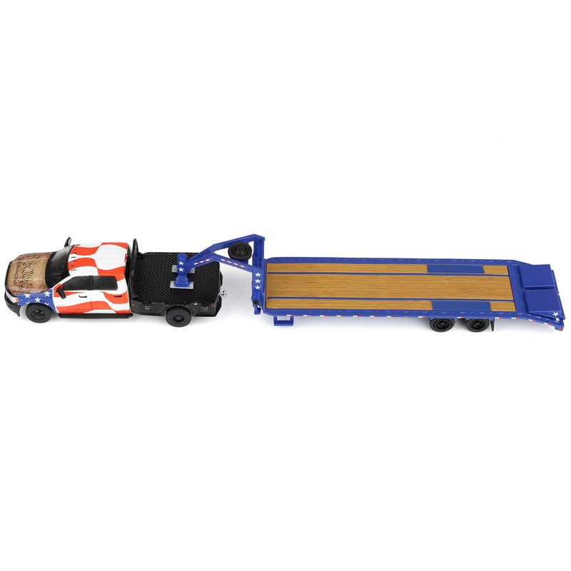 1/64 2023 RAM 3500 Dually Flatbed Pickup Truck with Gooseneck Flatbed Trailer, USA 250 Tribute, Outback Toys Exclusive Limited to 1776, America 250