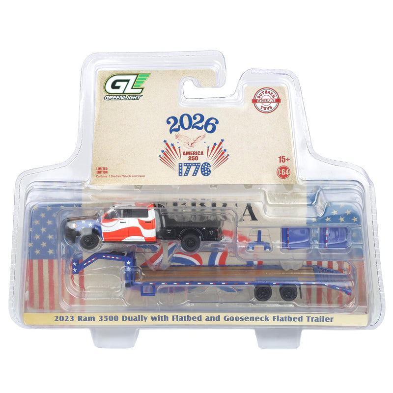 1/64 2023 RAM 3500 Dually Flatbed Pickup Truck with Gooseneck Flatbed Trailer, USA 250 Tribute, Outback Toys Exclusive Limited to 1776, America 250