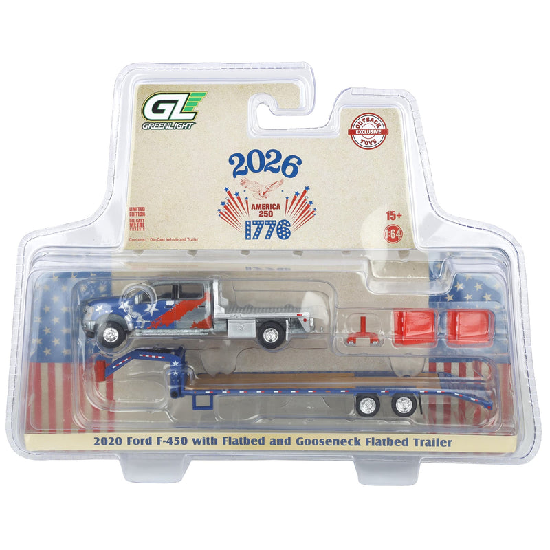 Raw Chase Unit ~ 1/64 2020 Ford F-450 Dually Flatbed Pickup Truck with Gooseneck Flatbed Trailer, USA 250 Tribute, Outback Toys Exclusive Limited to 37 Units