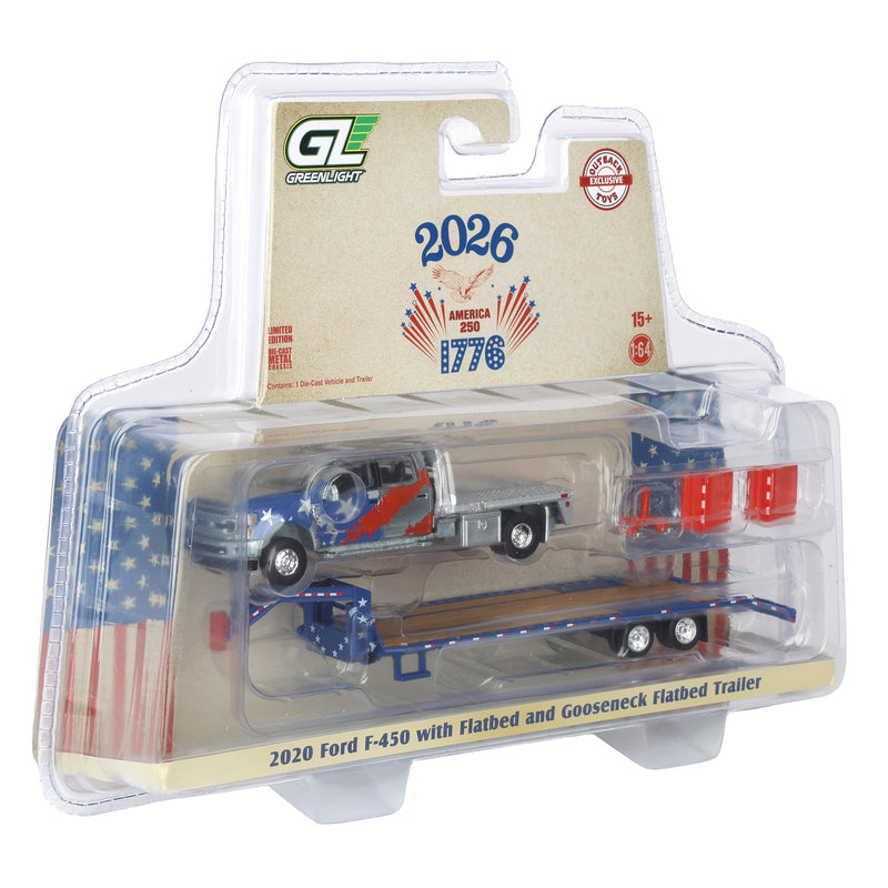 Raw Chase Unit ~ 1/64 2020 Ford F-450 Dually Flatbed Pickup Truck with Gooseneck Flatbed Trailer, USA 250 Tribute, Outback Toys Exclusive Limited to 37 Units