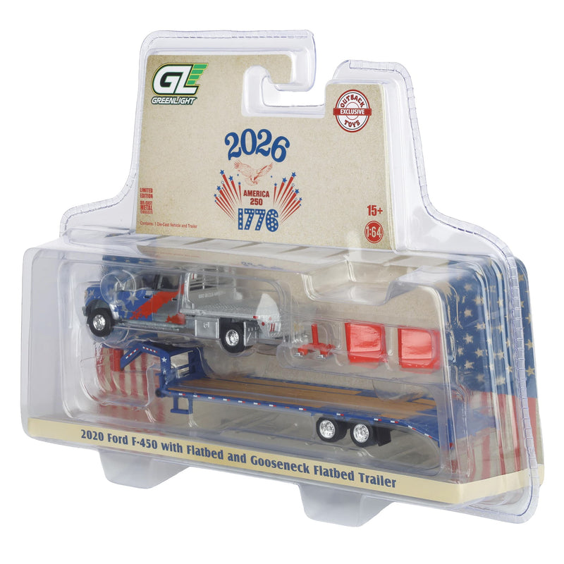 Raw Chase Unit ~ 1/64 2020 Ford F-450 Dually Flatbed Pickup Truck with Gooseneck Flatbed Trailer, USA 250 Tribute, Outback Toys Exclusive Limited to 37 Units