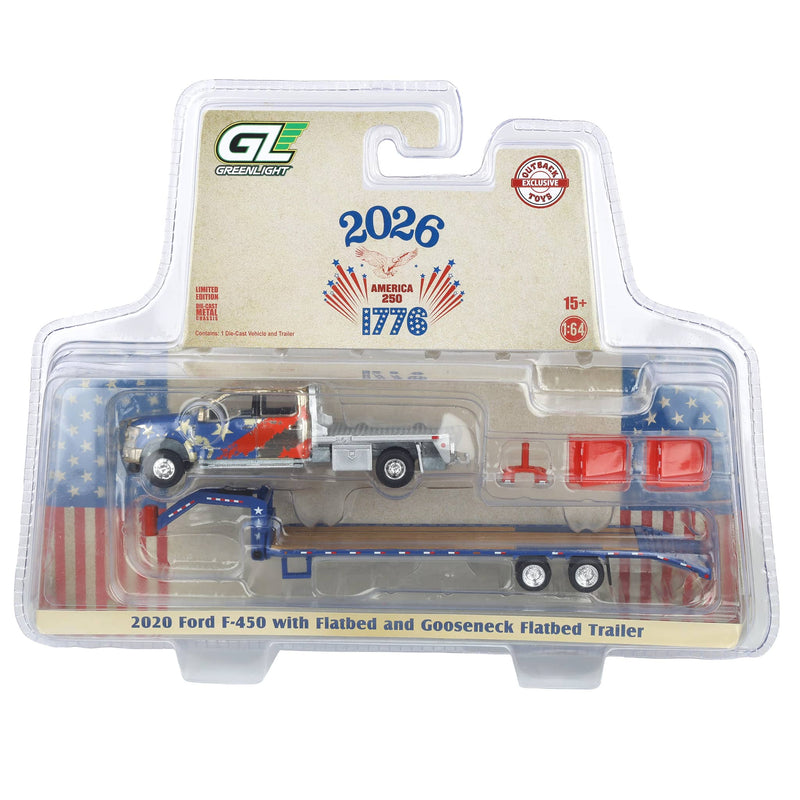 Gold Chrome Chase Unit ~ 1/64 2020 Ford F-450 Dually Flatbed Pickup Truck with Gooseneck Flatbed Trailer, USA 250 Tribute, Outback Toys Exclusive Limited to 37 Units
