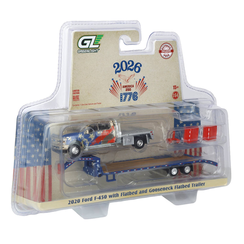 Gold Chrome Chase Unit ~ 1/64 2020 Ford F-450 Dually Flatbed Pickup Truck with Gooseneck Flatbed Trailer, USA 250 Tribute, Outback Toys Exclusive Limited to 37 Units
