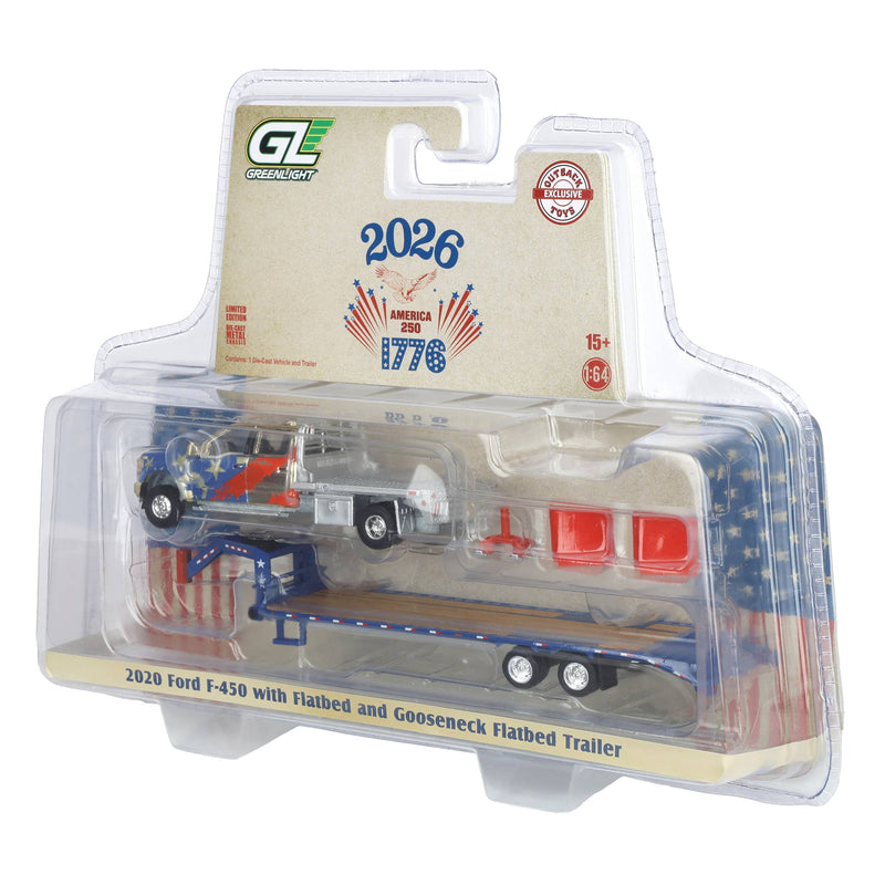Gold Chrome Chase Unit ~ 1/64 2020 Ford F-450 Dually Flatbed Pickup Truck with Gooseneck Flatbed Trailer, USA 250 Tribute, Outback Toys Exclusive Limited to 37 Units