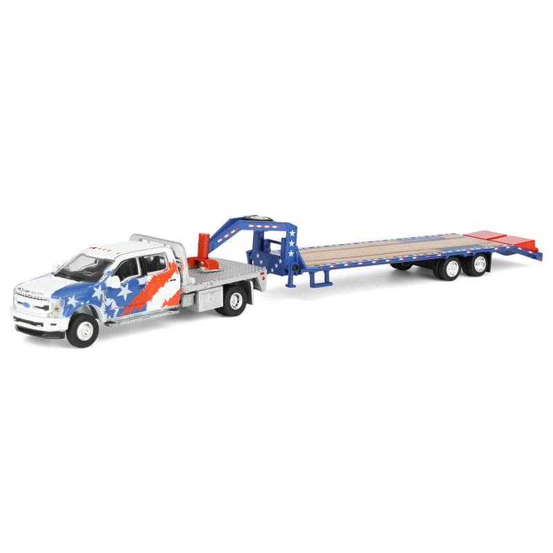 1/64 2020 Ford F-450 Dually Flatbed Pickup Truck with Gooseneck Flatbed Trailer, USA 250 Tribute, Outback Toys Exclusive Limited to 1776