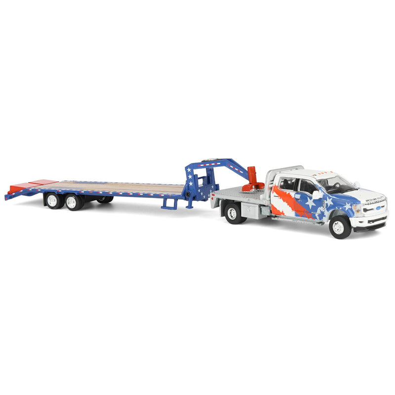 1/64 2020 Ford F-450 Dually Flatbed Pickup Truck with Gooseneck Flatbed Trailer, USA 250 Tribute, Outback Toys Exclusive Limited to 1776