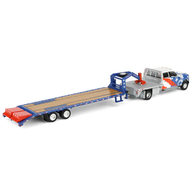 1/64 2020 Ford F-450 Dually Flatbed Pickup Truck with Gooseneck Flatbed Trailer, USA 250 Tribute, Outback Toys Exclusive Limited to 1776