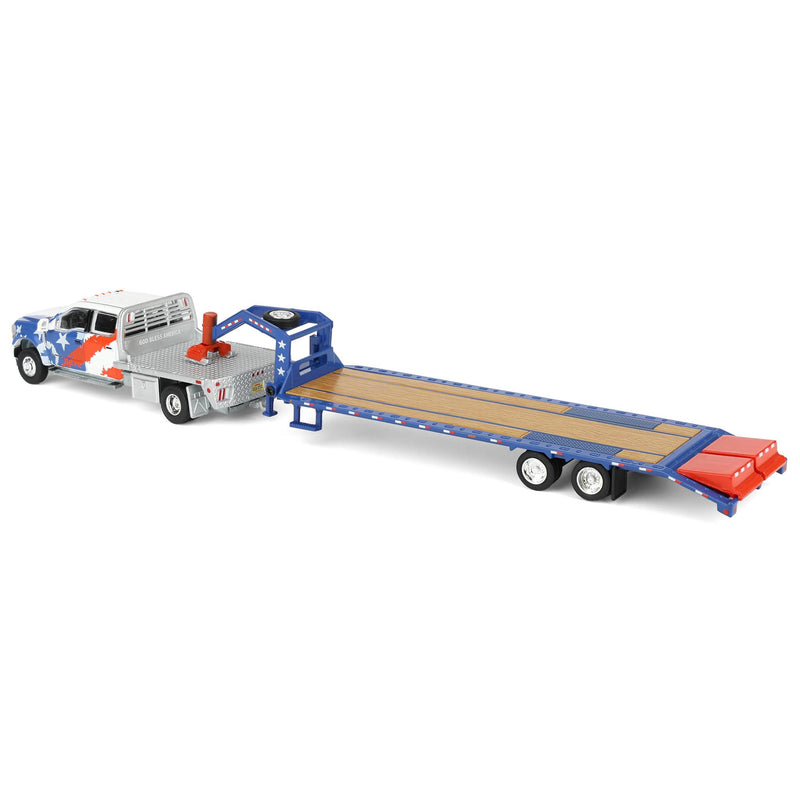 1/64 2020 Ford F-450 Dually Flatbed Pickup Truck with Gooseneck Flatbed Trailer, USA 250 Tribute, Outback Toys Exclusive Limited to 1776