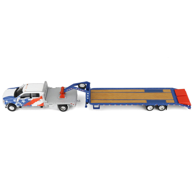 1/64 2020 Ford F-450 Dually Flatbed Pickup Truck with Gooseneck Flatbed Trailer, USA 250 Tribute, Outback Toys Exclusive Limited to 1776