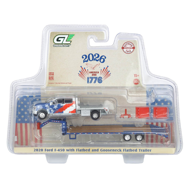 1/64 2020 Ford F-450 Dually Flatbed Pickup Truck with Gooseneck Flatbed Trailer, USA 250 Tribute, Outback Toys Exclusive Limited to 1776