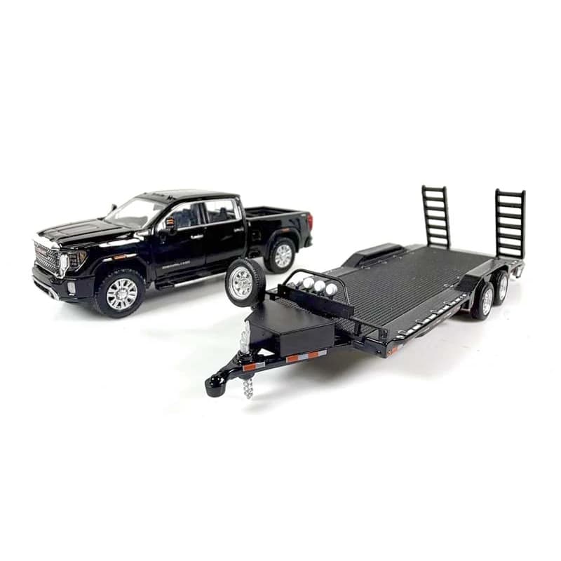 1/64 2022 GMC Denali 2500HD Pickup Truck with Flatbed Trailer in Black by GreenLight Collectibles, Dealer Exclusive