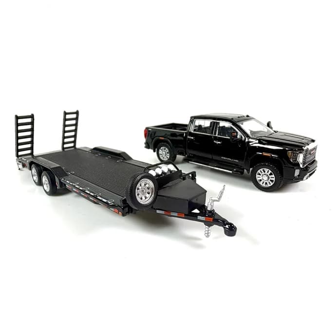 1/64 2022 GMC Denali 2500HD Pickup Truck with Flatbed Trailer in Black by GreenLight Collectibles, Dealer Exclusive