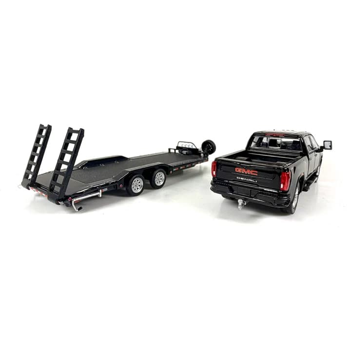 1/64 2022 GMC Denali 2500HD Pickup Truck with Flatbed Trailer in Black by GreenLight Collectibles, Dealer Exclusive