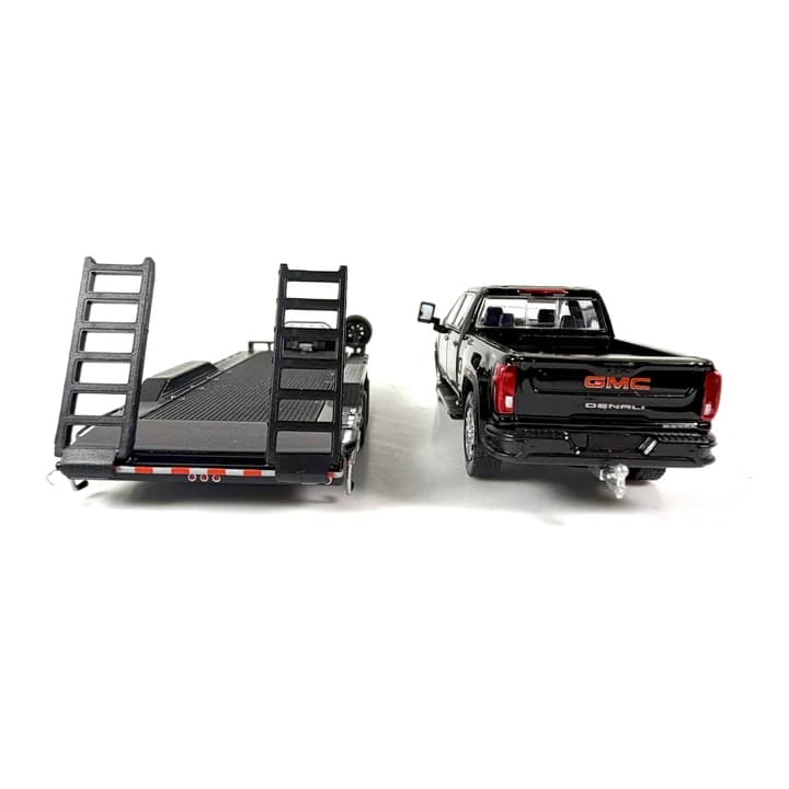 1/64 2022 GMC Denali 2500HD Pickup Truck with Flatbed Trailer in Black by GreenLight Collectibles, Dealer Exclusive
