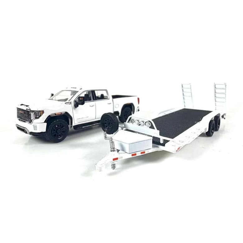 1/64 2022 GMC Denali 2500HD Pickup Truck with Flatbed Trailer in White & Black by GreenLight Collectibles, Dealer Exclusive
