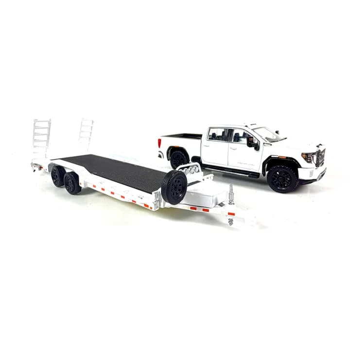 1/64 2022 GMC Denali 2500HD Pickup Truck with Flatbed Trailer in White & Black by GreenLight Collectibles, Dealer Exclusive