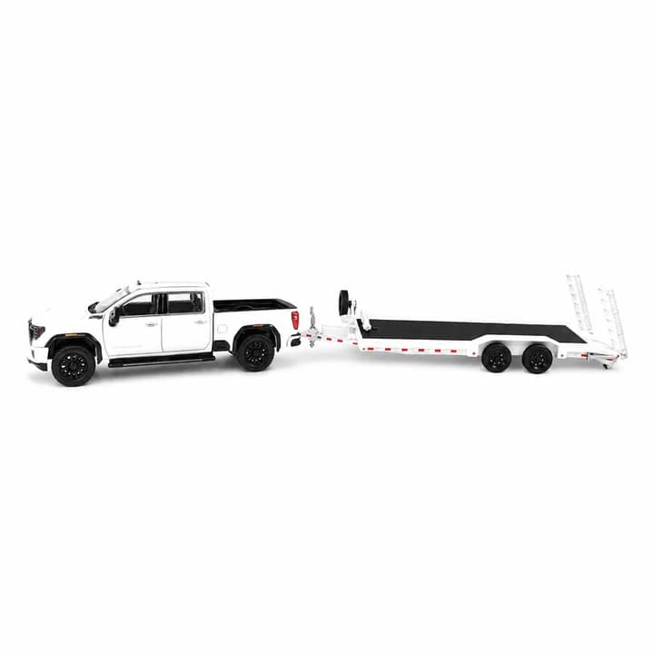 1/64 2022 GMC Denali 2500HD Pickup Truck with Flatbed Trailer in White & Black by GreenLight Collectibles, Dealer Exclusive