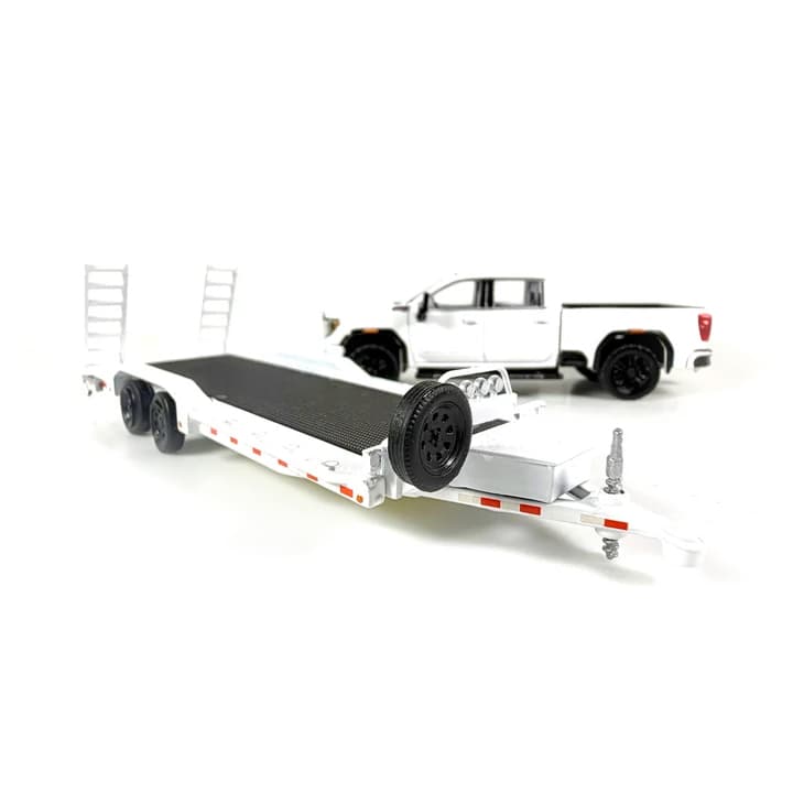 1/64 2022 GMC Denali 2500HD Pickup Truck with Flatbed Trailer in White & Black by GreenLight Collectibles, Dealer Exclusive