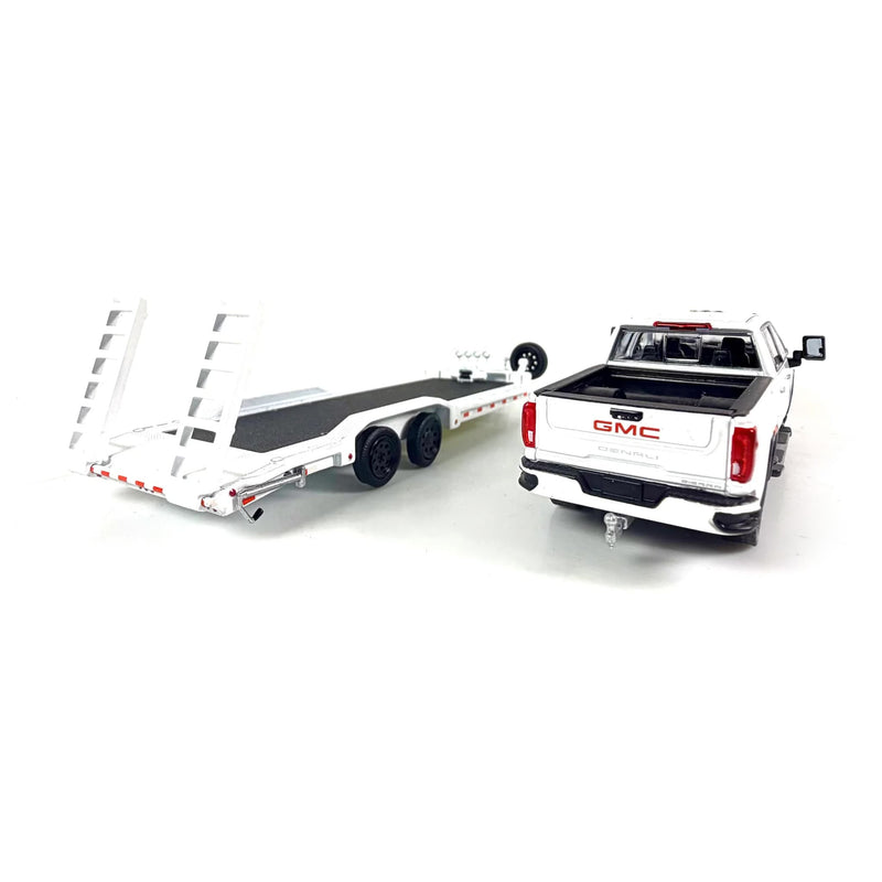 1/64 2022 GMC Denali 2500HD Pickup Truck with Flatbed Trailer in White & Black by GreenLight Collectibles, Dealer Exclusive