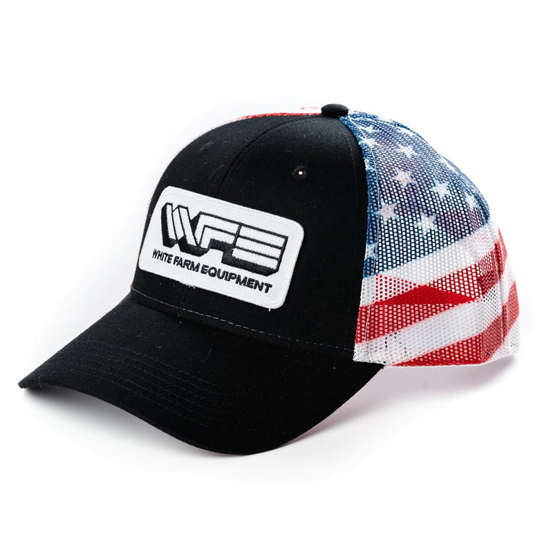 White Farm Equipment Logo Hat with Flag Mesh