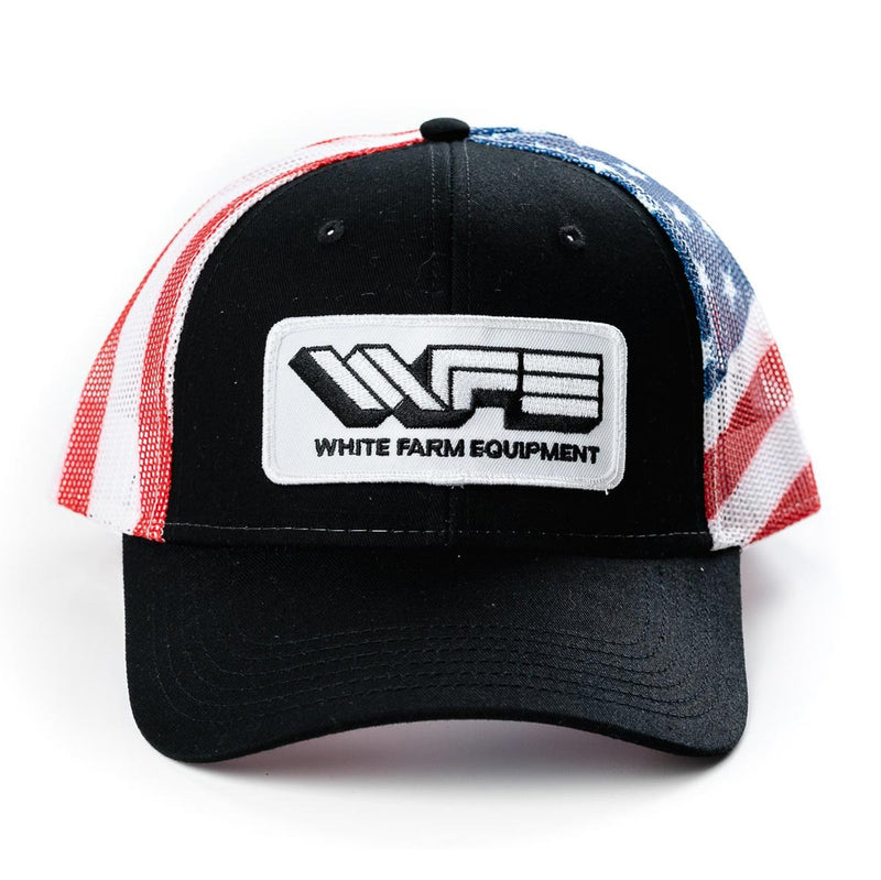 White Farm Equipment Logo Hat with Flag Mesh