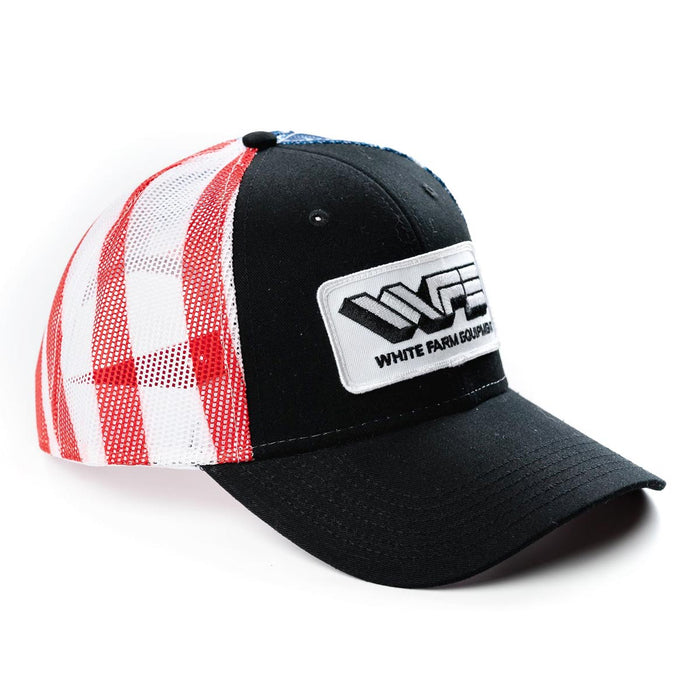 White Farm Equipment Logo Hat with Flag Mesh