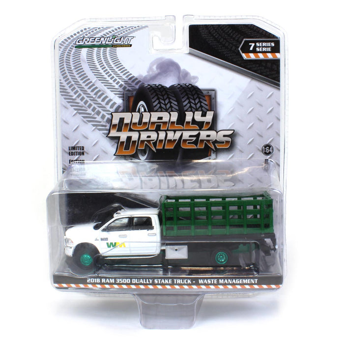 Green Chase ~ 1/64 2018 Ram 3500 Stake Truck, Waste Management, Dually Drivers Series 7