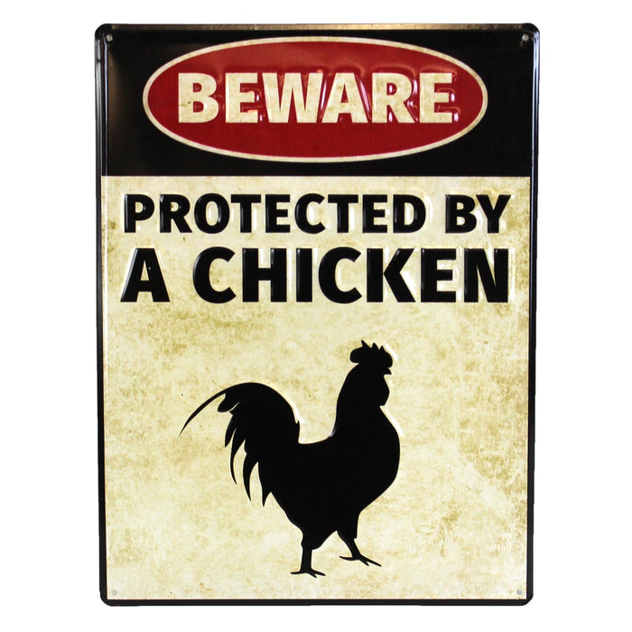Protected by a Chicken Vertical Embossed 12" x 16" Metal Sign
