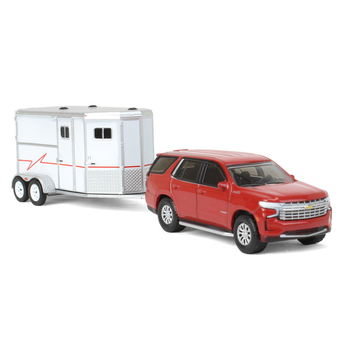 1/64 Cherry Red 2021 Chevrolet Tahoe with Horse Trailer, Hitch & Tow Series 23