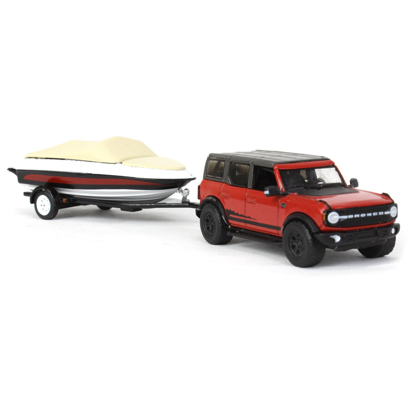 1/64 2021 Ford Bronco Wildtrak with Boat Trailer, Red, Hitch & Tow Series 23