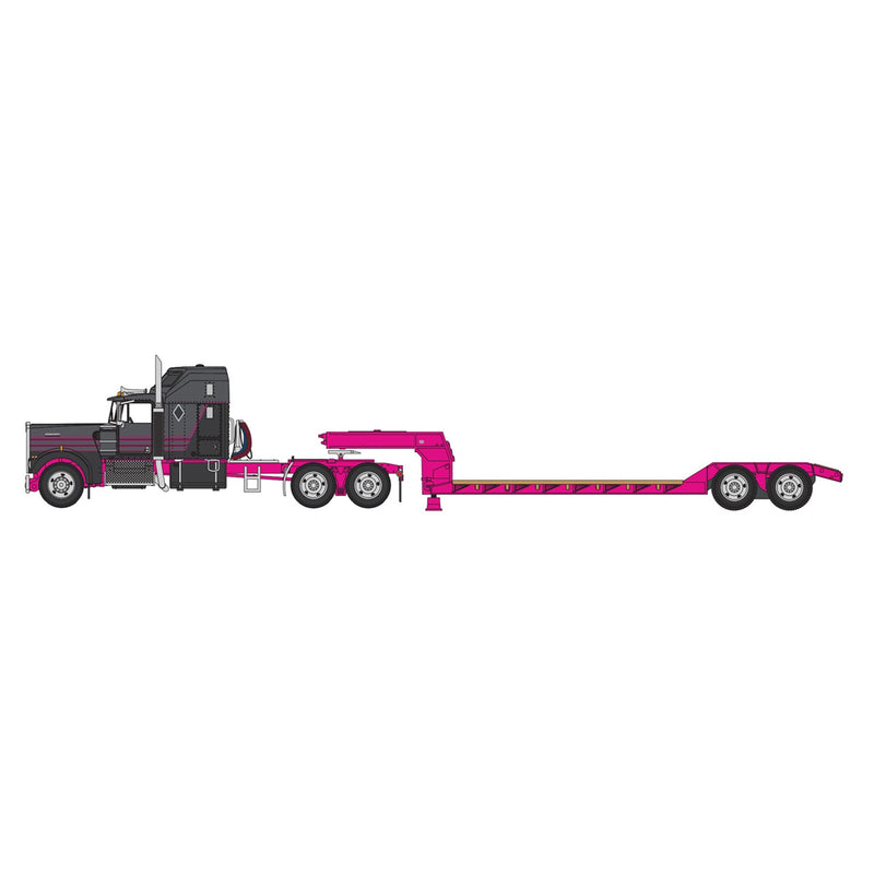 1/64 Gun Metal Gray & Pink Kenworth W900A Sleeper with Rogers Lowboy, DCP by First Gear