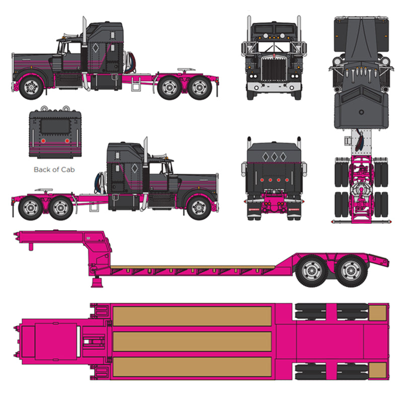 1/64 Gun Metal Gray & Pink Kenworth W900A Sleeper with Rogers Lowboy, DCP by First Gear