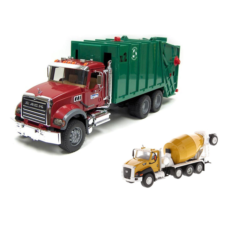 Kit ~ 1/16 Bruder MACK Granite Garbage Truck + 1/64 Diecast Masters CAT CT660 McNeilus Concrete Mixer