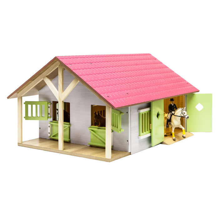 1/24 Pink, White & Green Wooden Horse Stable w/ 2 Box Stalls & Workshop by Kids Globe