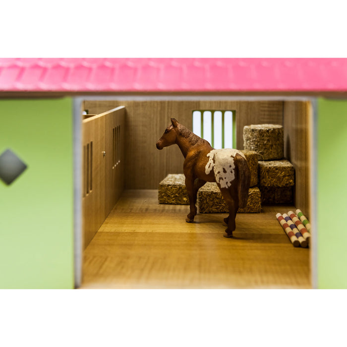1/24 Pink, White & Green Wooden Horse Stable w/ 2 Box Stalls & Workshop by Kids Globe