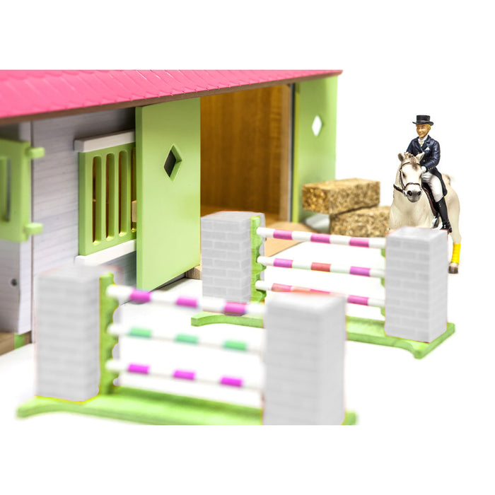 1/24 Pink, White & Green Wooden Horse Stable w/ 2 Box Stalls & Workshop by Kids Globe