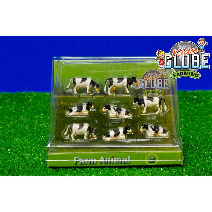 1/87 Set of 8 Black & White Cows Laying and Standing by Kids Globe