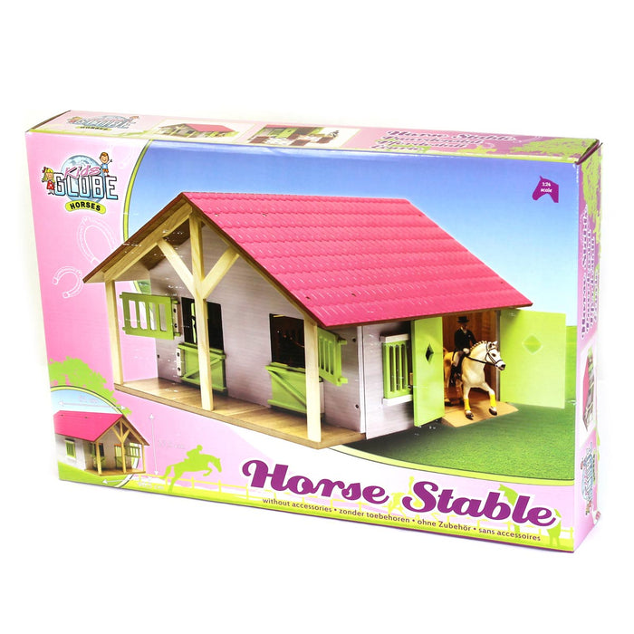 1/24 Pink, White & Green Wooden Horse Stable w/ 2 Box Stalls & Workshop by Kids Globe